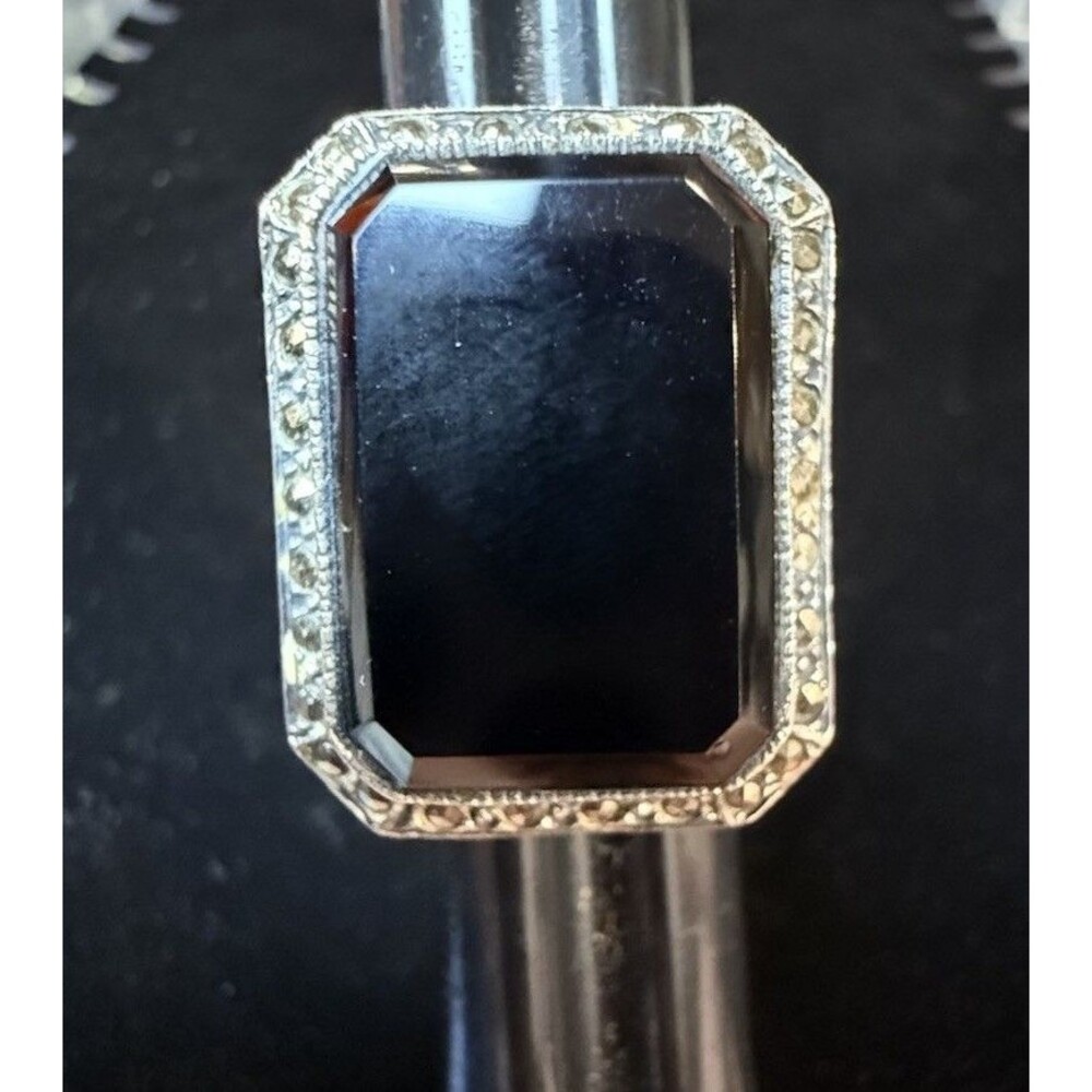 Vintage Large Oversized Emerald Cut Onyx Marcasite Statement Ring 925 Size 6